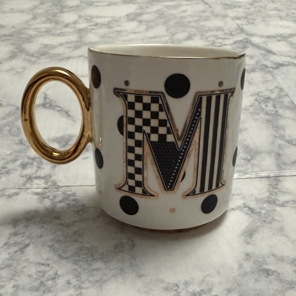 MacKenzie Childs My Mug Initial M Coffee Cup White, Black & Gold Monogram